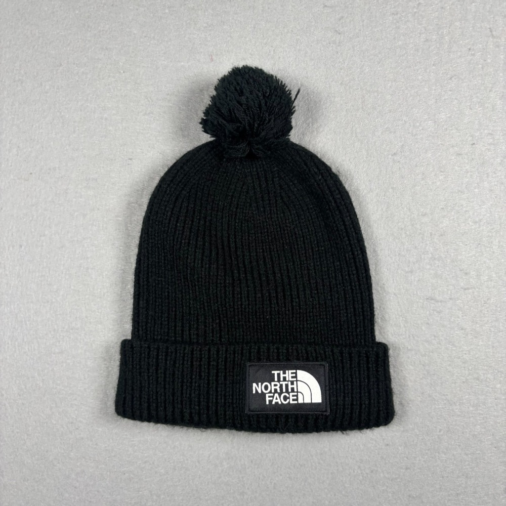 The North Face TNF Pom Beanie Black Ribbed Cuffed Winter Knit Hat Cap Unisex OS